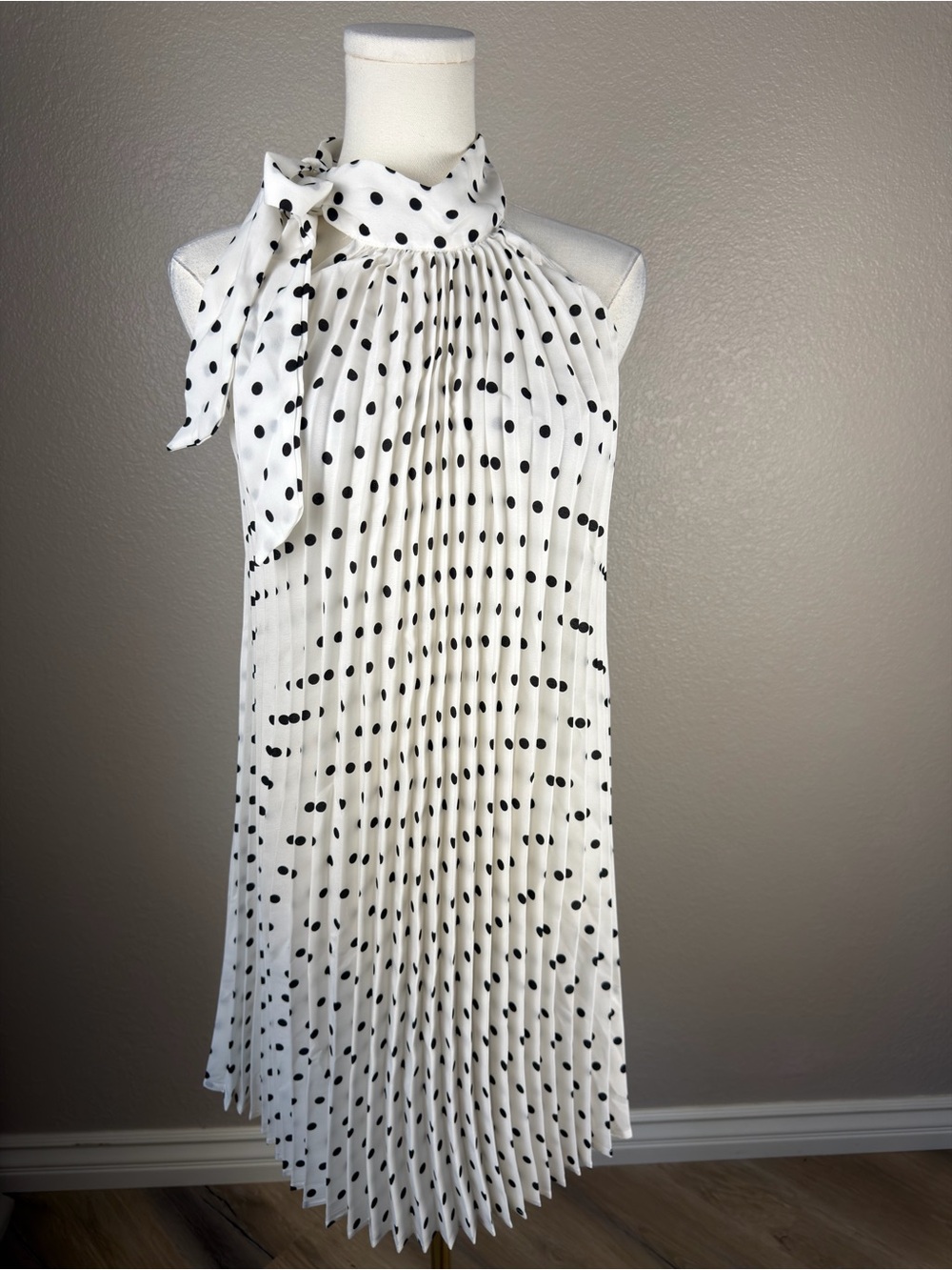 NWT Pleated Polka Dot Tie-Neck Mini Dress in White and Black, XS